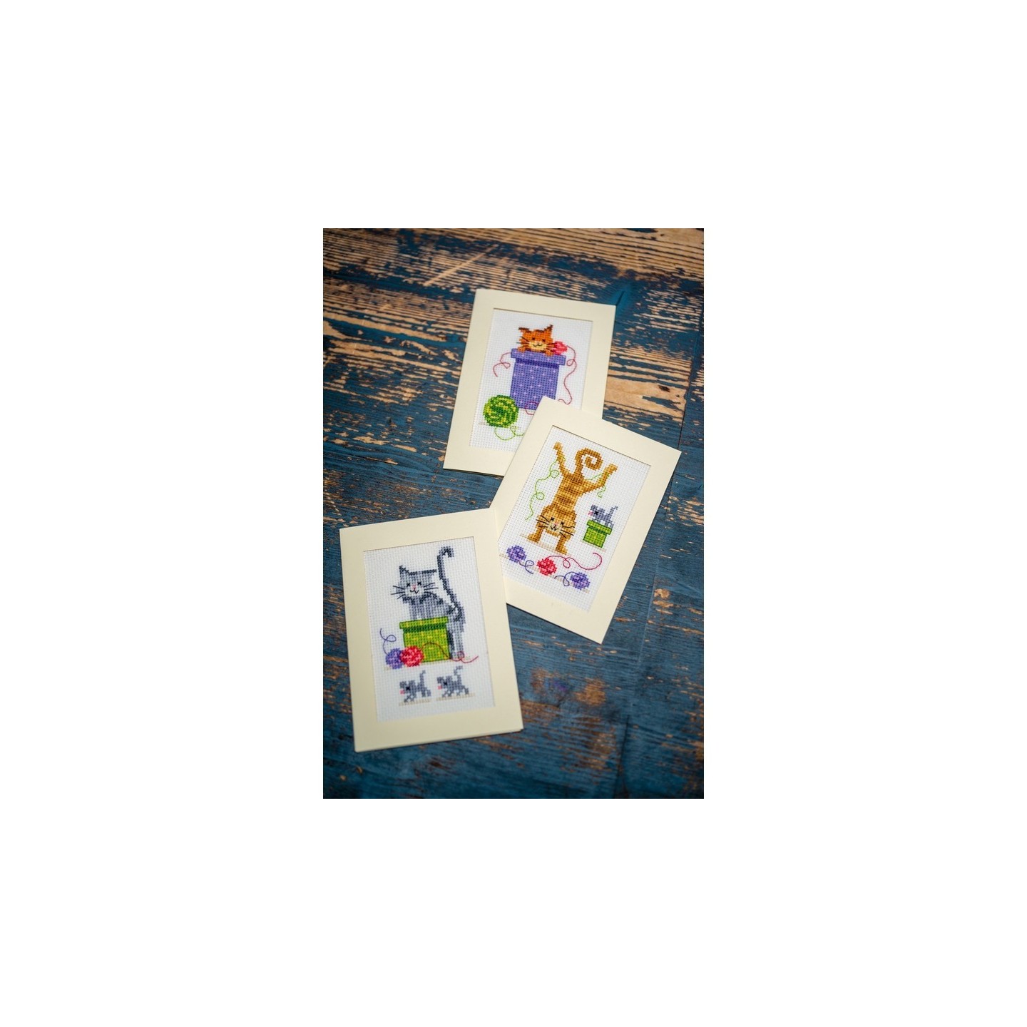 Vervaco Wenskaart kit Speelse katten set van 3