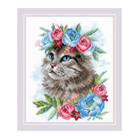 Riolis Borduurpakket Kat in bloemen