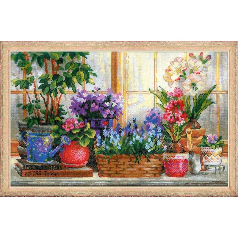 Borduurpakket Vensterbank met bloemen Borduurpakket Vensterbank met bloemen
