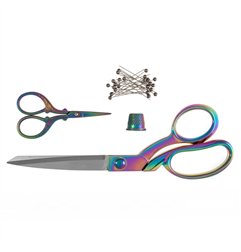 Scharenset stofschaar - borduurschaar - vingerhoed regenboog